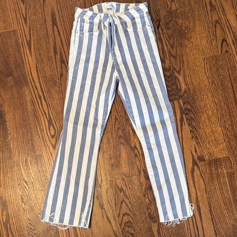 Frame Denim Blue and White Striped Cropped Jeans